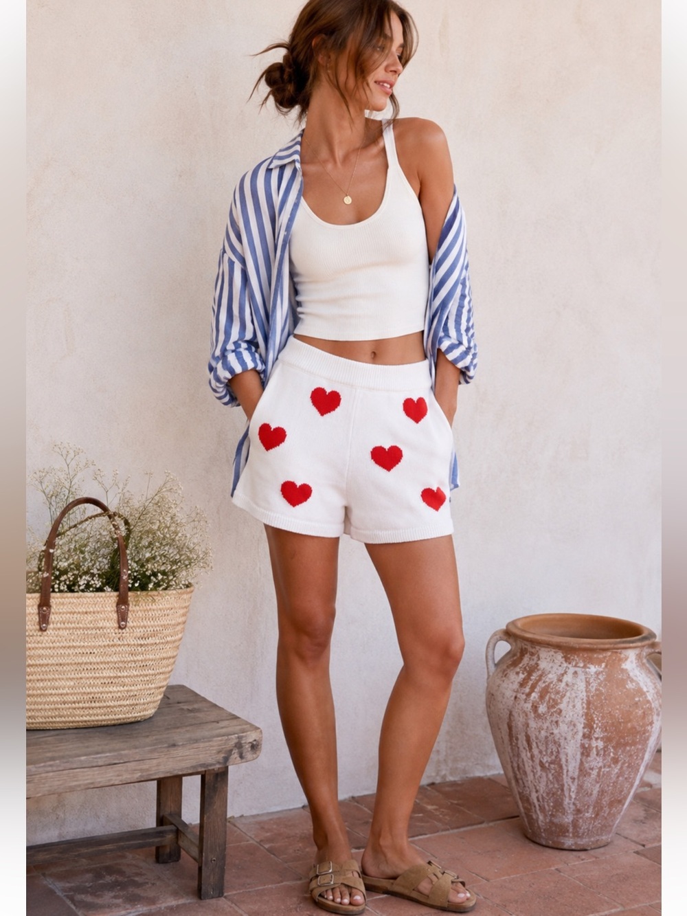 Show Me Your Mumu Boardwalk Heart Knit Shorts Red White NWT S
